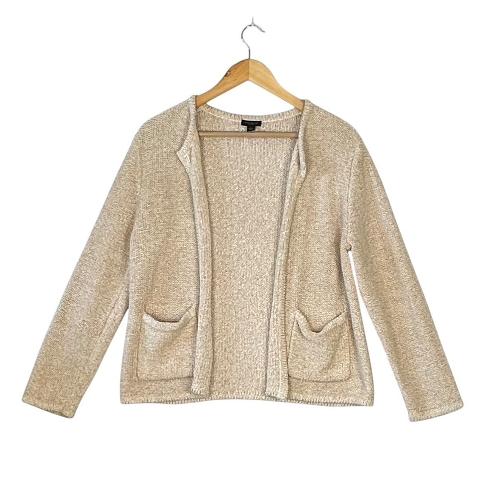 Ann Taylor Factory Crop Open Cotton Knit Cardigan Sweater Oatmeal w/ Pockets L
